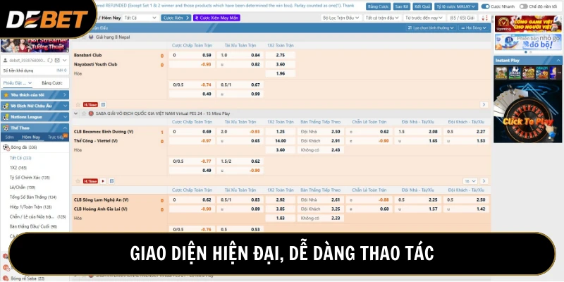 SABA thể thao Debet thiết kế giao diện thông minh, khoa học